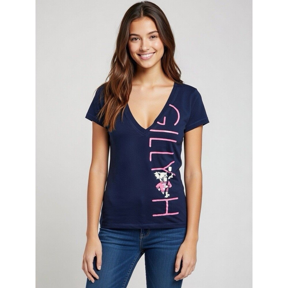Gilly Hicks Sydney Deep V-Neck Blue Shirt Women Medium With Koala Bear